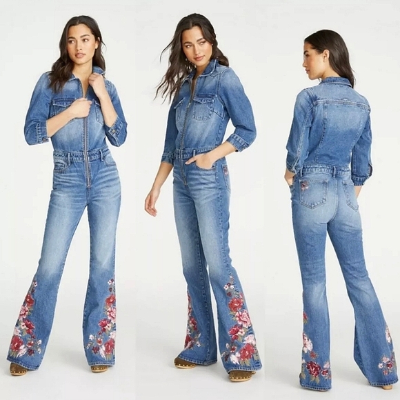 🍒RARE🍒 NWT Driftwood Farrah Floral Embroidery Denim Jumpsuit - Picture 1 of 7